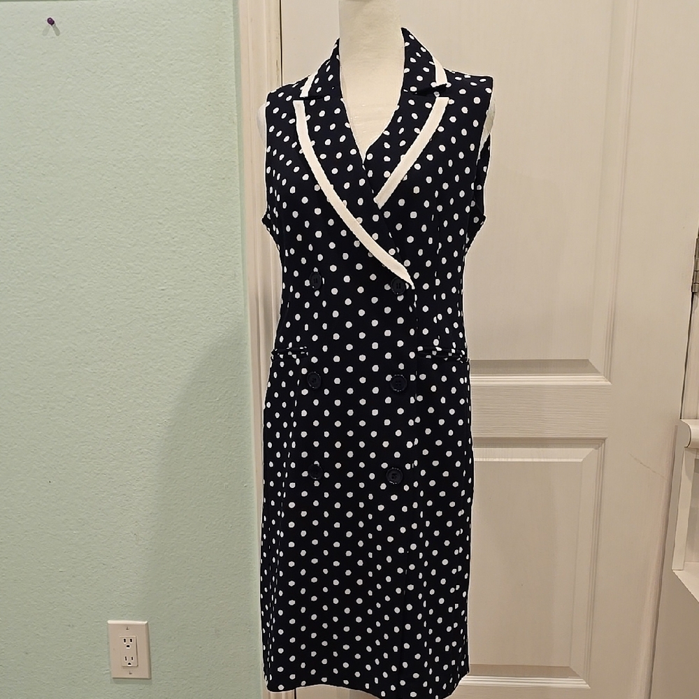 Shelby & Palmer Blue and White Sheath Dress Shawl Collar Midi